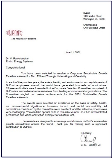 DuPont corporate sustainability letter 1