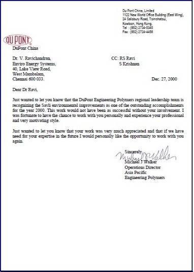 DuPont corporate sustainability letter 2
